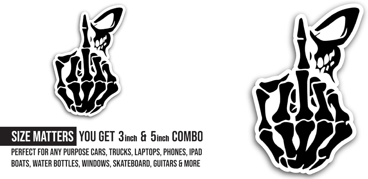 2 (Pieces) 3" and 5" Skeleton Middle Finger Sticker, Waterproof Vinyl Decals for Many Purpose Like Cars, Trucks, Laptops, Phones, Windows and More