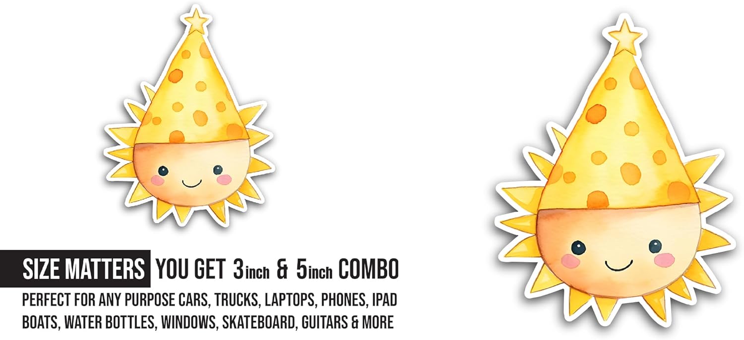 2 (Pieces) 3" and 5" Sun with Party Hat Sticker, Waterproof Vinyl Decals for Many Purpose Like Cars, Trucks, Laptops, Phones, Windows and More