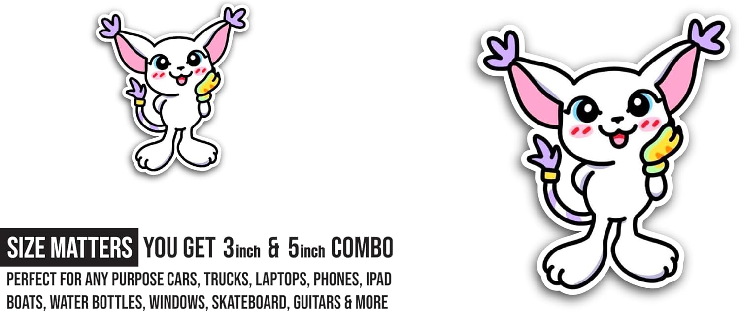 2 (Pieces) 3" and 5" Cartoon White Cat Sticker, Waterproof Vinyl Decals for Many Purpose Like Cars, Trucks, Laptops, Phones, Windows and More