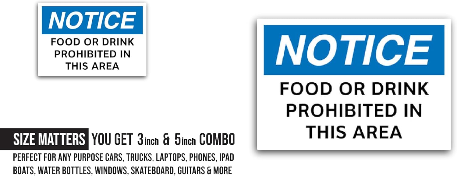 2 (Pieces) 3" and 5" Notice/Food Or Drink Sticker, Waterproof Vinyl Decals for Many Purpose Like Cars, Trucks, Laptops, Phones, Windows and More