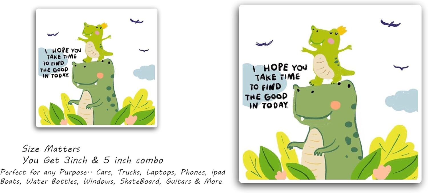 2 (Pieces) 3" and 5" Cute Green Dinosaur Sticker, Waterproof Vinyl Decals for Many Purpose Like Cars, Trucks, Laptops, Phones, Windows and More