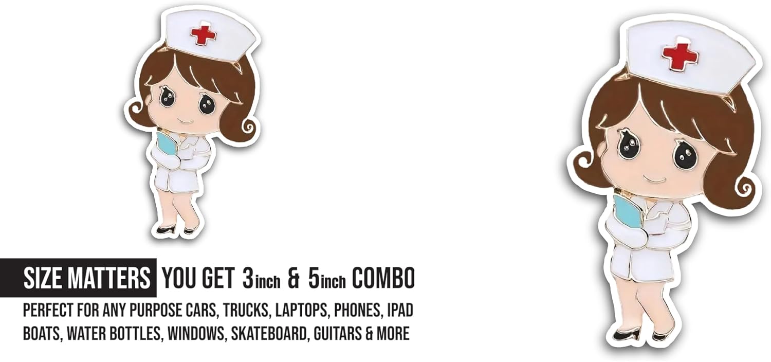 2 (Pieces) 3" and 5" Cute Nurse Sticker, Waterproof Vinyl Decals for Many Purpose Like Cars, Trucks, Laptops, Phones, Windows and More