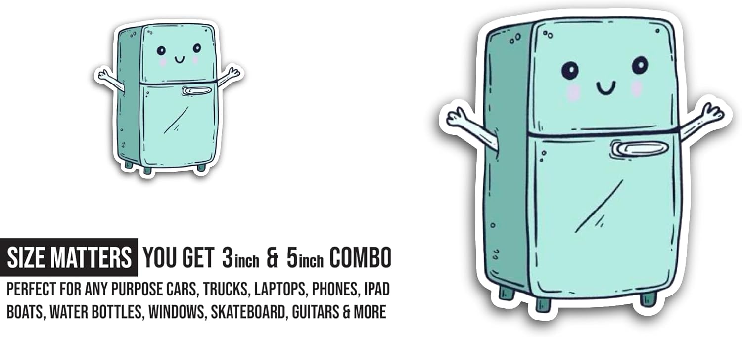 2 (Pieces) 3" and 5" Cute Cartoon Fridge Sticker, Waterproof Vinyl Decals for Many Purpose Like Cars, Trucks, Laptops, Phones, Windows and More
