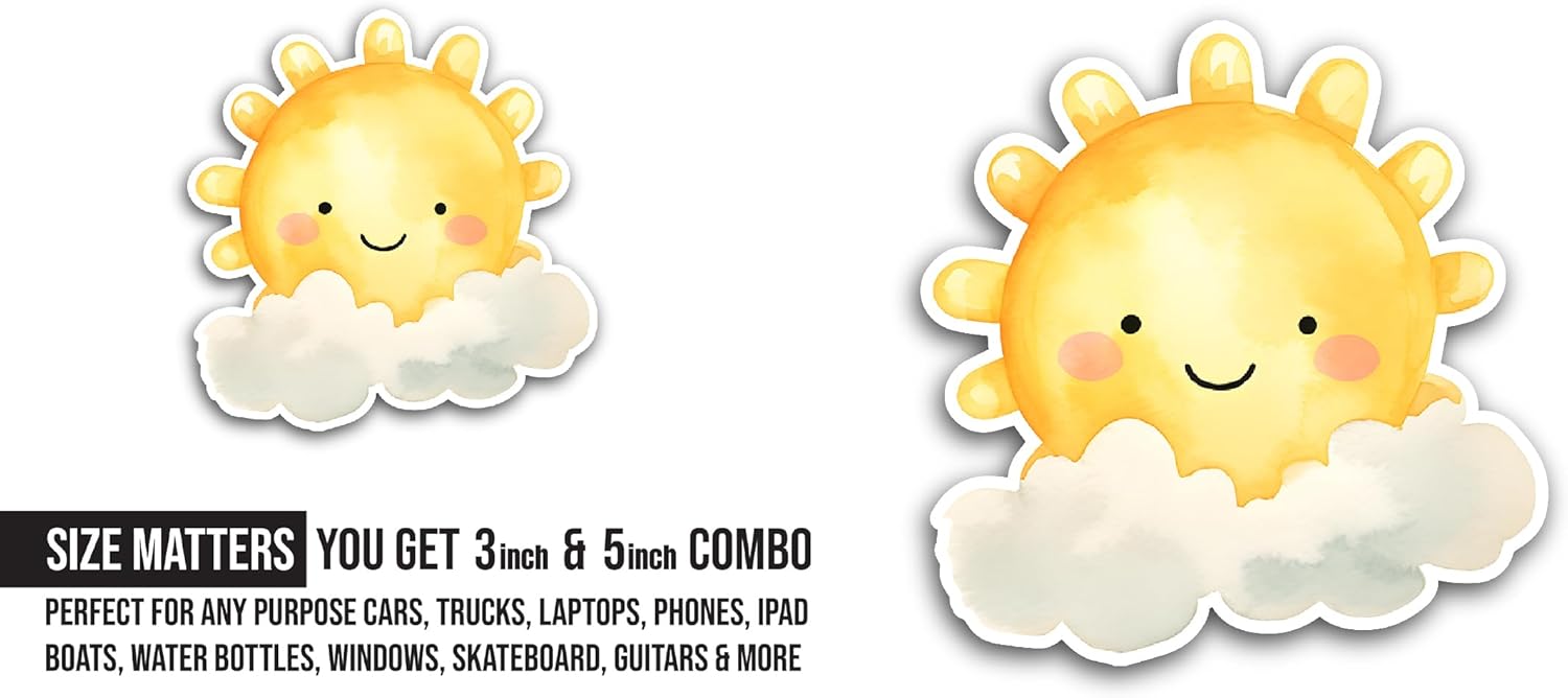 2 (Pieces) 3" and 5" Sun with A Cloud Sticker, Waterproof Vinyl Decals for Many Purpose Like Cars, Trucks, Laptops, Phones, Windows and More