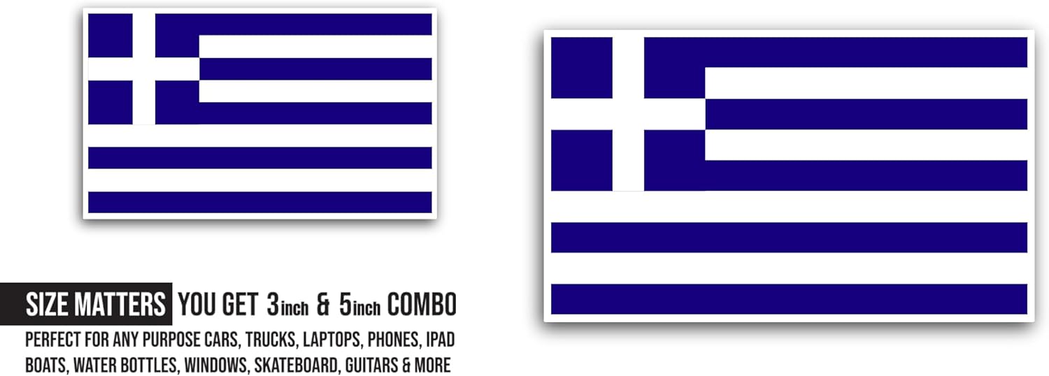 2 (Pieces) 3" and 5" Greece Flag Sticker, Waterproof Vinyl Decals for Many Purpose Like Cars, Trucks, Laptops, Phones, Windows and More
