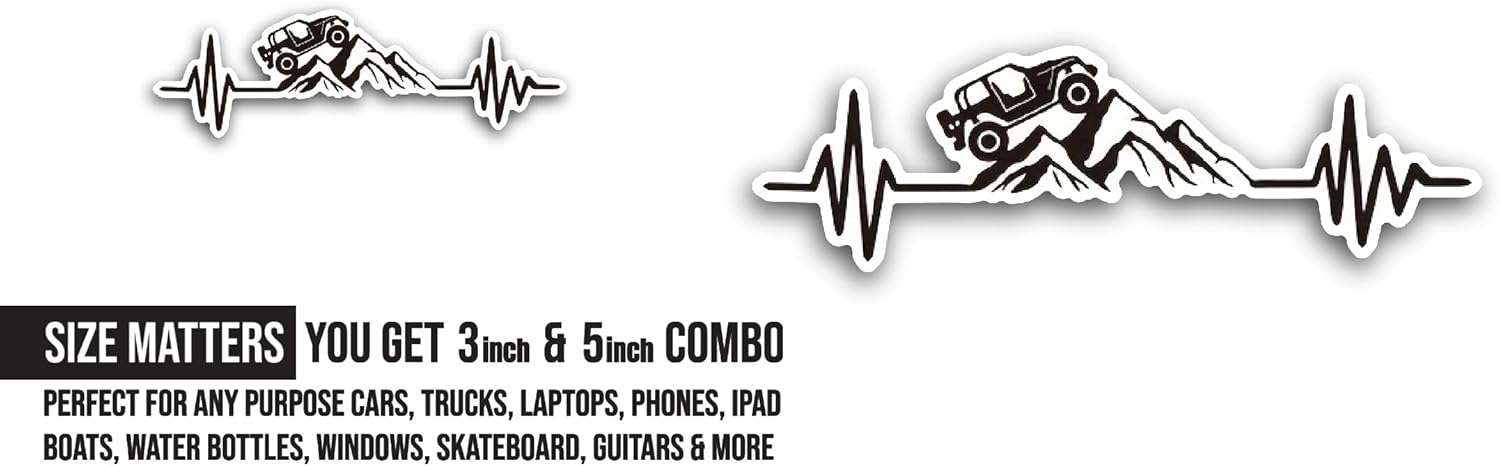 2 (Pieces) 3" and 5" Heartbeat Offroad Mountain Sticker, Waterproof Vinyl Decals for Many Purpose Like Cars, Trucks, Laptops, Phones, Windows and More