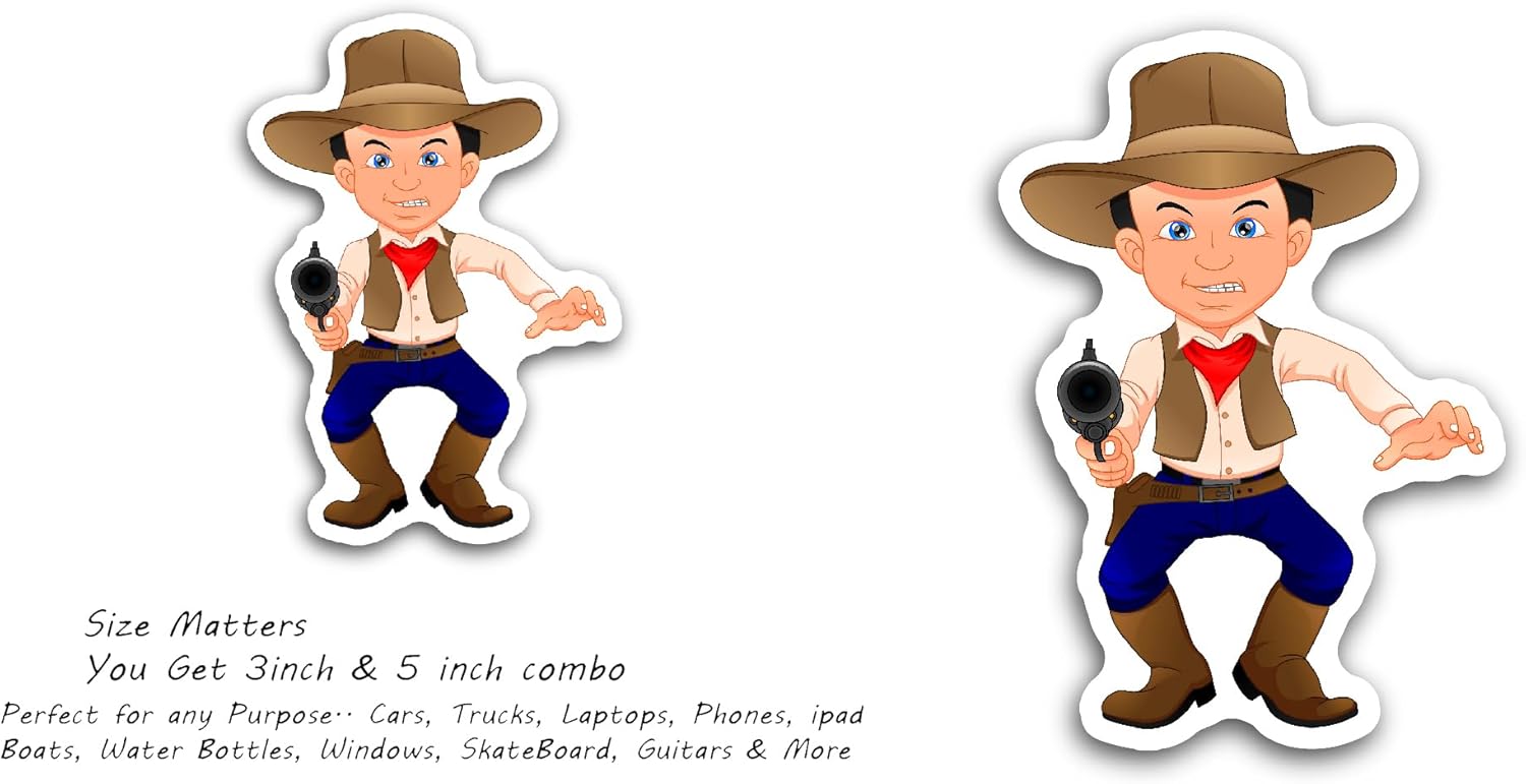 2 (Pieces) 3" and 5" Cowboy with A Gun Sticker, Waterproof Vinyl Decals for Many Purpose Like Cars, Trucks, Laptops, Phones, Windows and More