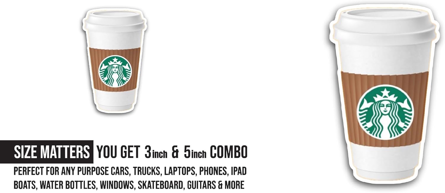2 (Pieces) 3" and 5" White Coffee Cup Sticker, Waterproof Vinyl Decals for Many Purpose Like Cars, Trucks, Laptops, Phones, Windows and More