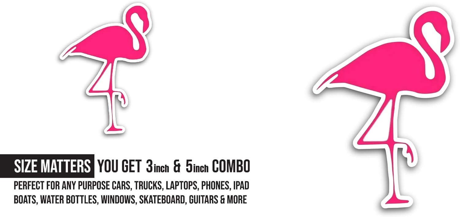 2 (Pieces) 3" and 5" Pink Flamingo Sticker, Waterproof Vinyl Decals for Many Purpose Like Cars, Trucks, Laptops, Phones, Windows and More