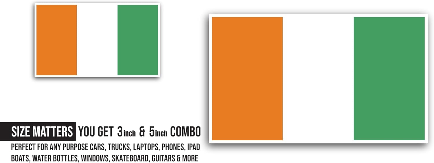 2 (Pieces) 3" and 5" Cote D'Ivoire Flag Sticker, Waterproof Vinyl Decals for Many Purpose Like Cars, Trucks, Laptops, Phones, Windows and More