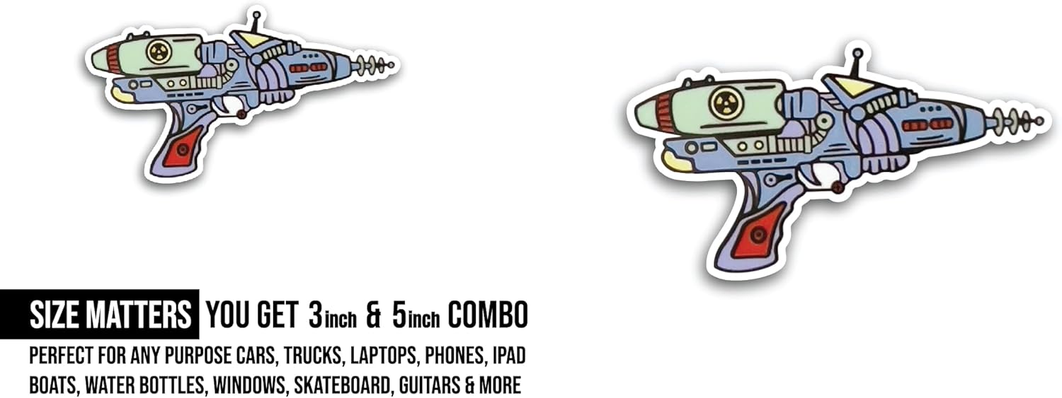 2 (Pieces) 3" and 5" Ray Gun Sticker, Waterproof Vinyl Decals for Many Purpose Like Cars, Trucks, Laptops, Phones, Windows and More