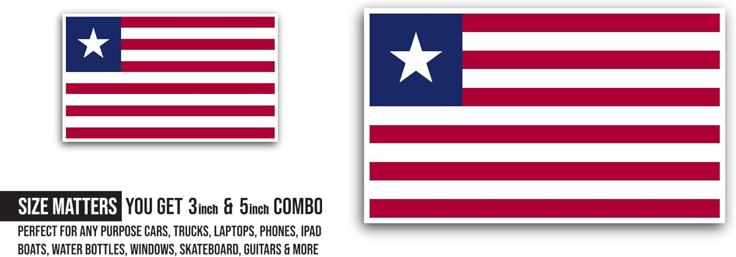 2 (Pieces) 3" and 5" Liberia Flag Sticker, Waterproof Vinyl Decals for Many Purpose Like Cars, Trucks, Laptops, Phones, Windows and More