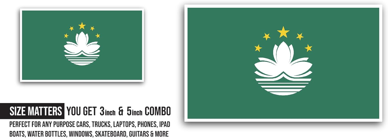 2 (Pieces) 3" and 5" Macau Flag Sticker, Waterproof Vinyl Decals for Many Purpose Like Cars, Trucks, Laptops, Phones, Windows and More