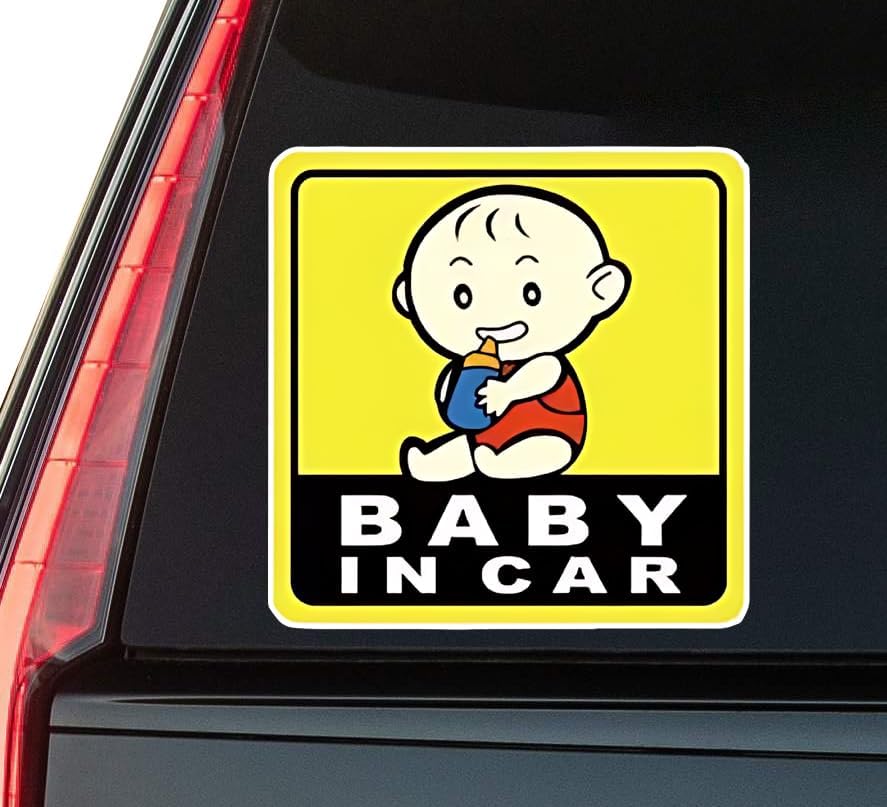 Baby in Car Yellow Background Window Vinyl Decal Sticker 6" (White), Waterproof Vinyl Decals for Many Purpose Like Cars, Trucks, Laptops, Phones, Windows and More
