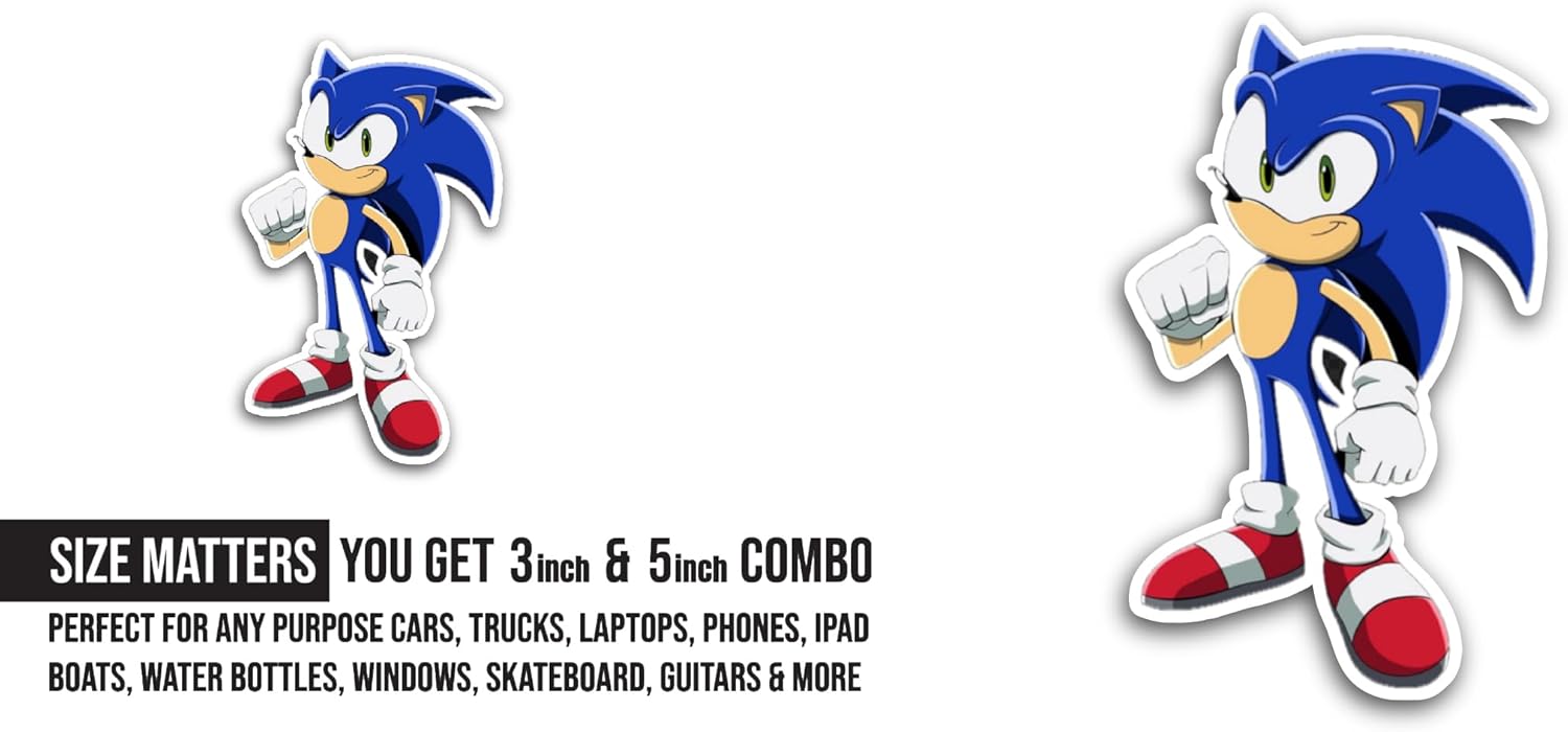 2 (Pieces) 3" and 5" S0nic The Hedgehog Sticker, Waterproof Vinyl Decals for Many Purpose Like Cars, Trucks, Laptops, Phones, Windows and More