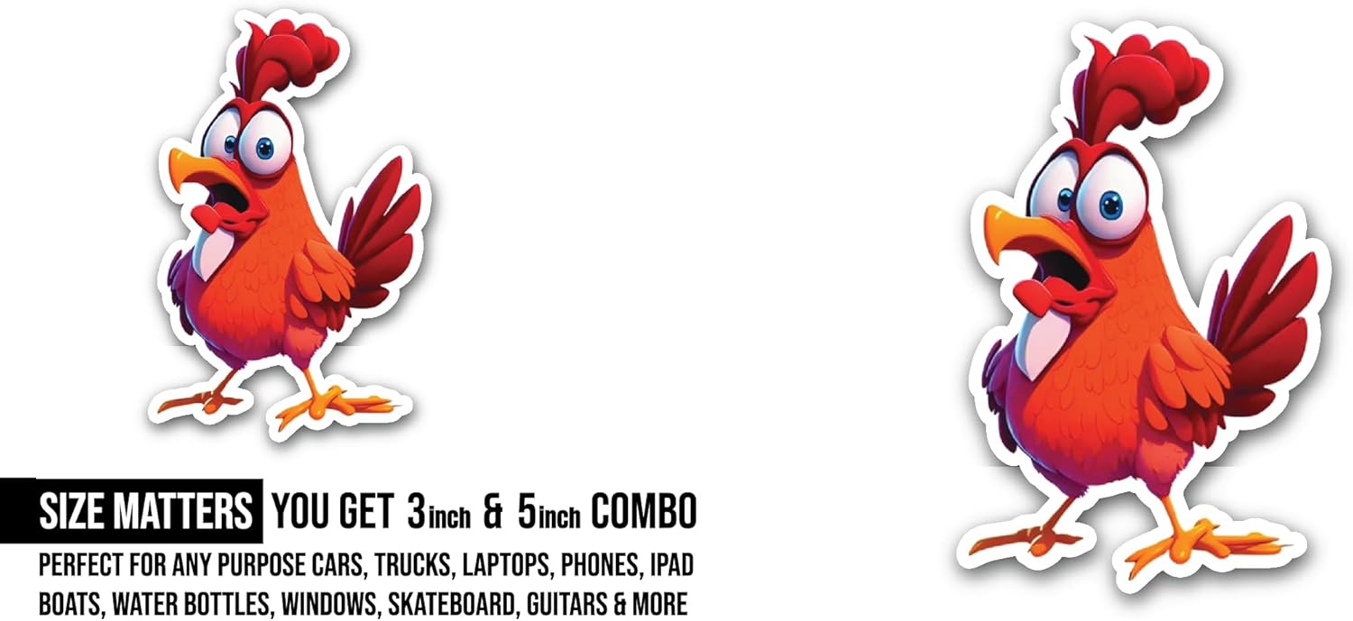 2 (Pieces) 3" and 5" Cartoon Rooster Sticker, Waterproof Vinyl Decals for Many Purpose Like Cars, Trucks, Laptops, Phones, Windows and More