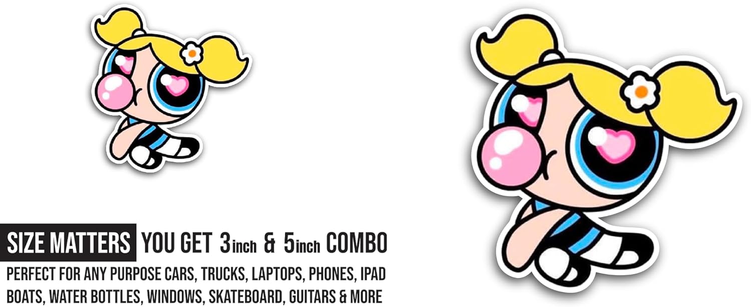 2 (Pieces) 3" and 5" P0werpuff Girls Sticker, Waterproof Vinyl Decals for Many Purpose Like Cars, Trucks, Laptops, Phones, Windows and More