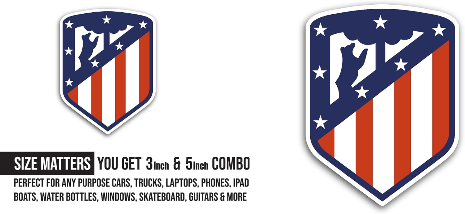2 (Pieces) 3" and 5" Atletic0 De M@drid Sticker, Waterproof Vinyl Decals for Many Purpose Like Cars, Trucks, Laptops, Phones, Windows and More
