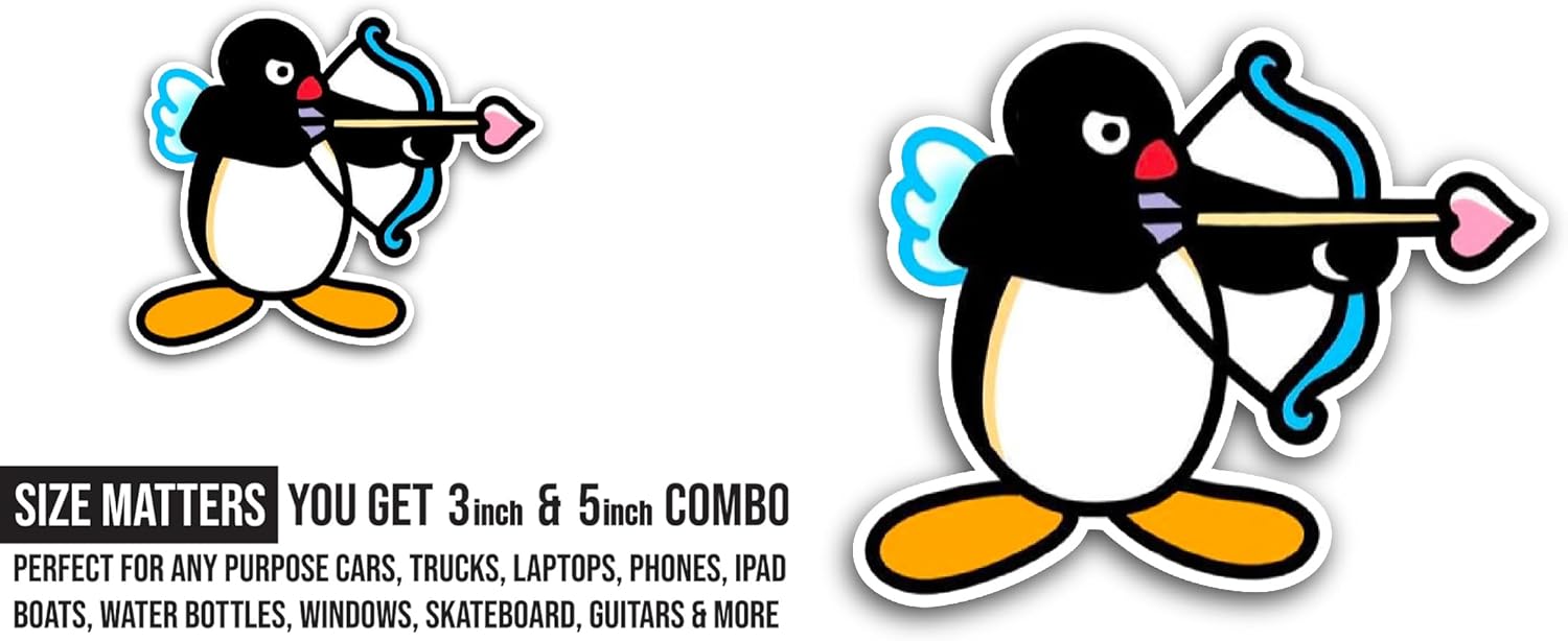 2 (Pieces) 3" and 5" Penguin Archer Sticker, Waterproof Vinyl Decals for Many Purpose Like Cars, Trucks, Laptops, Phones, Windows and More