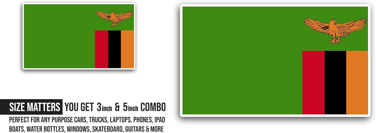 2 (Pieces) 3" and 5" Zambia Flag Sticker, Waterproof Vinyl Decals for Many Purpose Like Cars, Trucks, Laptops, Phones, Windows and More
