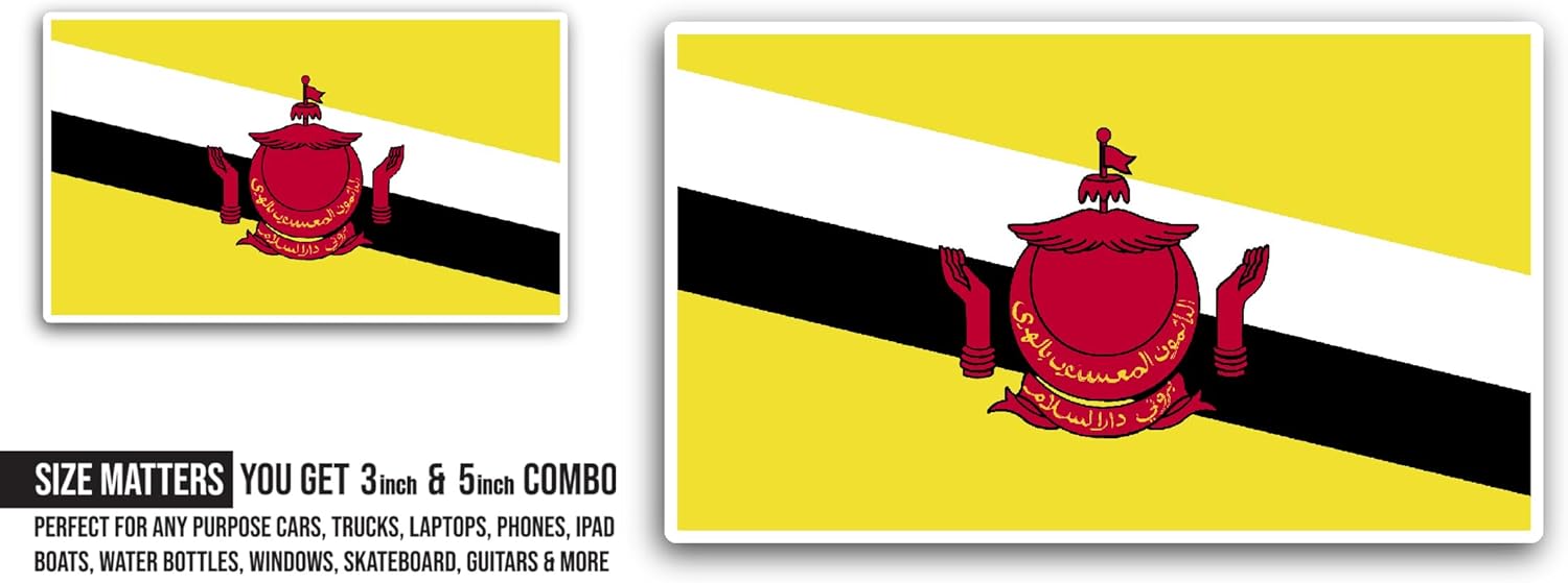 2 (Pieces) 3" and 5" Brunei Flag Sticker, Waterproof Vinyl Decals for Many Purpose Like Cars, Trucks, Laptops, Phones, Windows and More