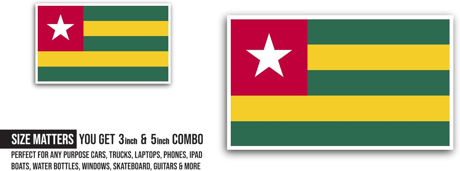 2 (Pieces) 3" and 5" Togo Flag Sticker, Waterproof Vinyl Decals for Many Purpose Like Cars, Trucks, Laptops, Phones, Windows and More
