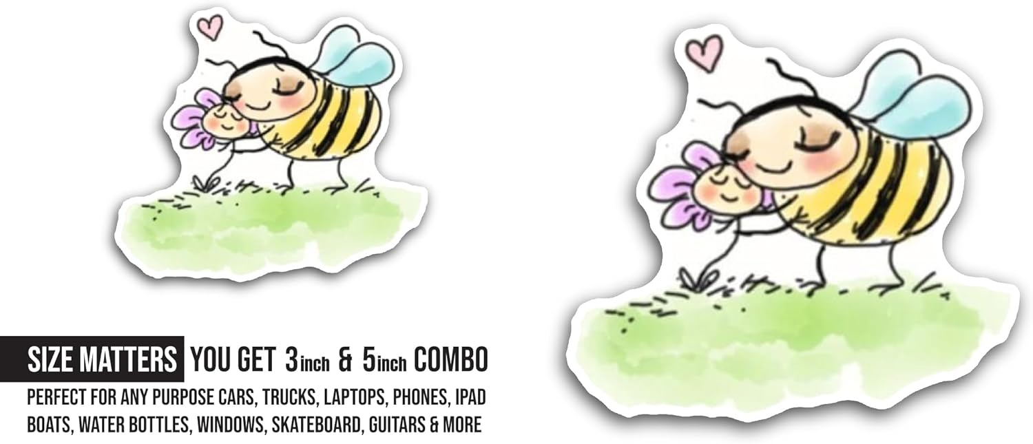 2 (Pieces) 3" and 5" Bee with Flower Sticker, Waterproof Vinyl Decals for Many Purpose Like Cars, Trucks, Laptops, Phones, Windows and More
