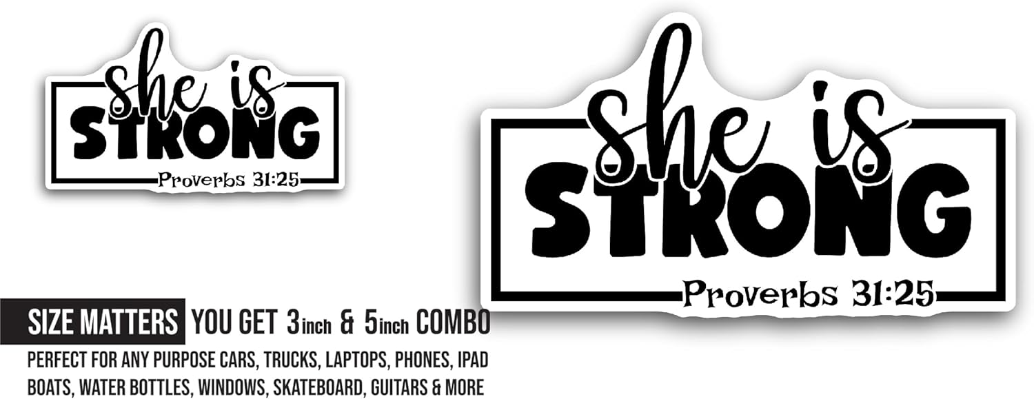 2 (Pieces) 3" and 5" She is Strong Text Sticker, Waterproof Vinyl Decals for Many Purpose Like Cars, Trucks, Laptops, Phones, Windows and More