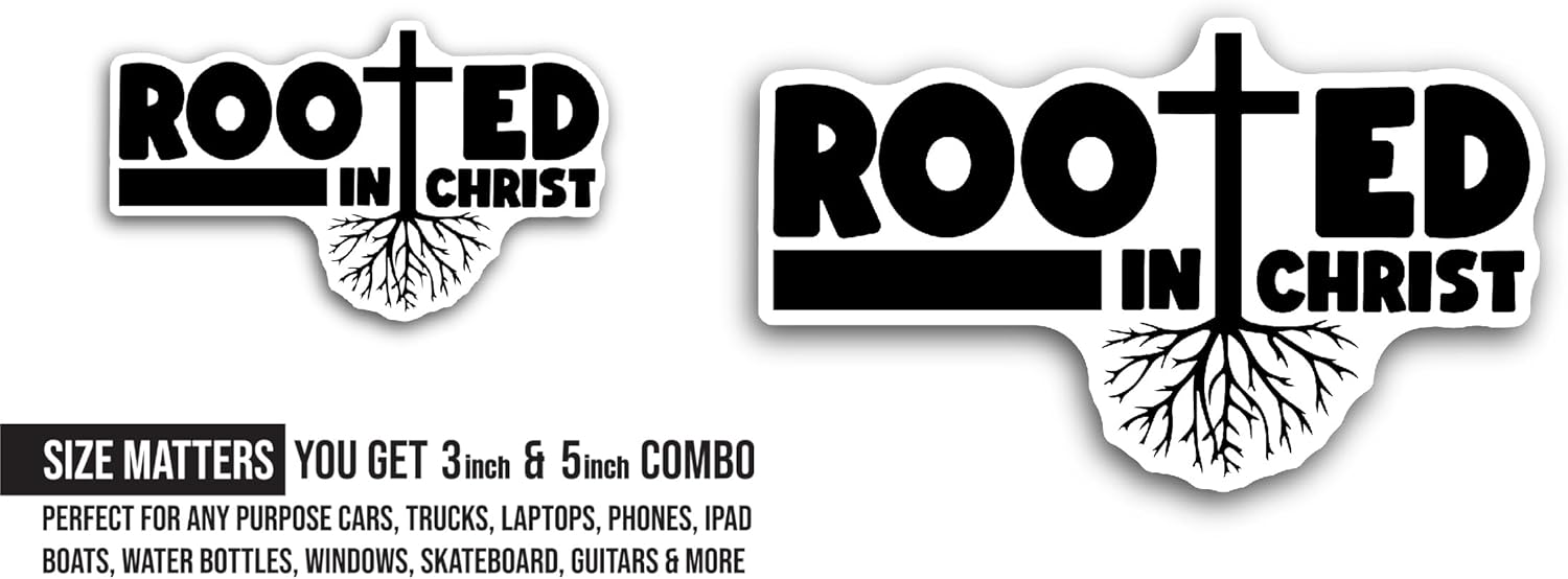 2 (Pieces) 3" and 5" Rooted in Christ Text Sticker, Waterproof Vinyl Decals for Many Purpose Like Cars, Trucks, Laptops, Phones, Windows and More