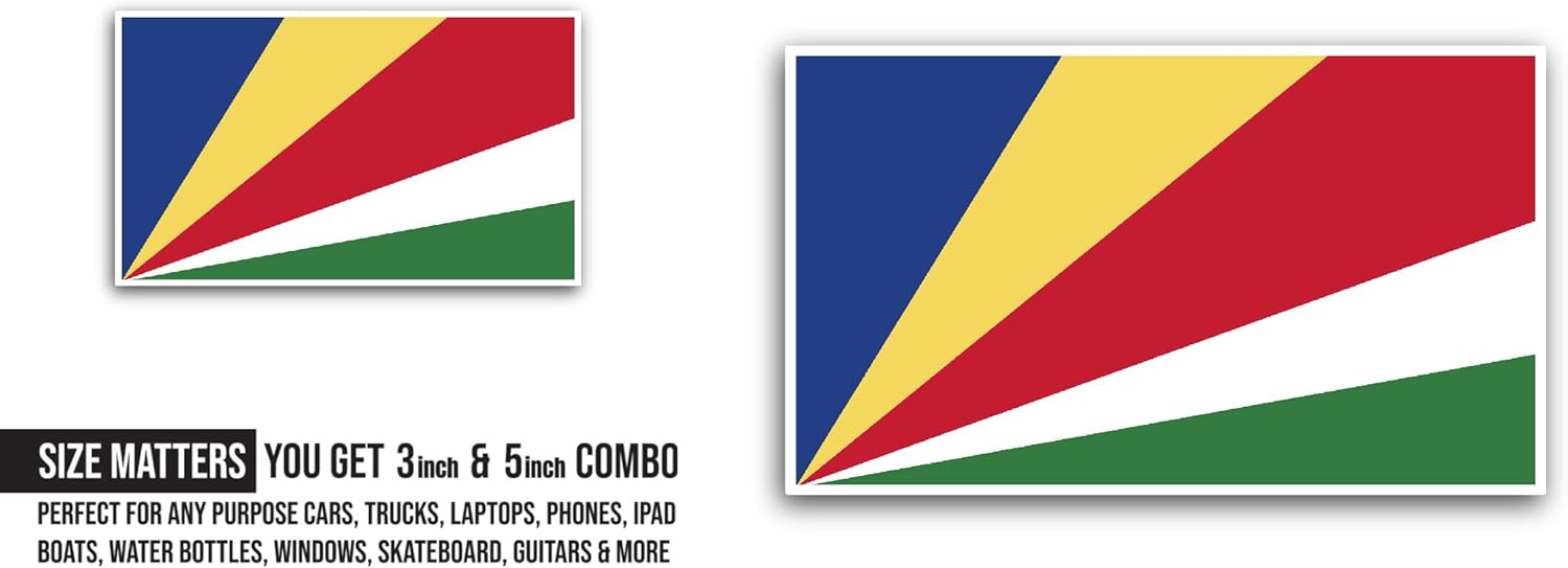 2 (Pieces) 3" and 5" Seychelles Flag Sticker, Waterproof Vinyl Decals for Many Purpose Like Cars, Trucks, Laptops, Phones, Windows and More