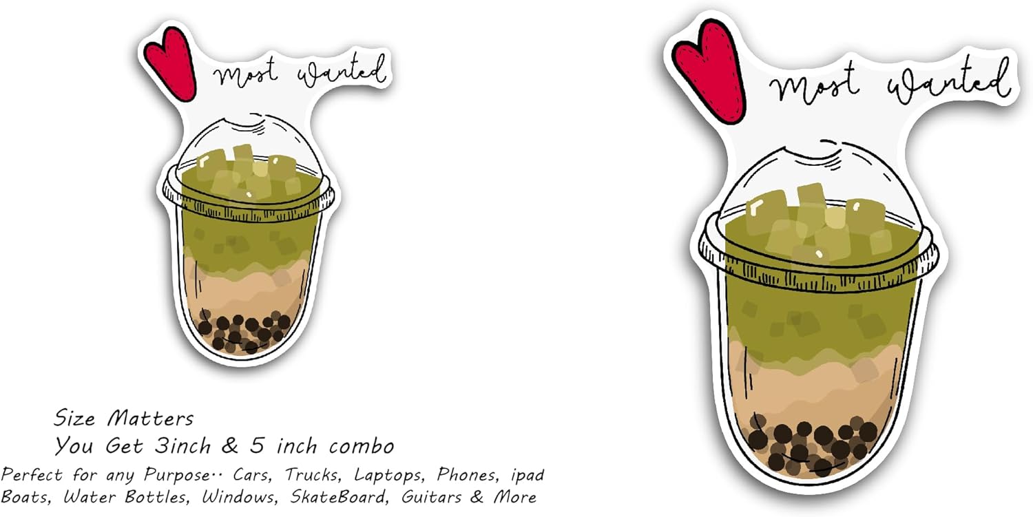 2 (Pieces) 3" and 5" Green Bubble Tea Sticker, Waterproof Vinyl Decals for Many Purpose Like Cars, Trucks, Laptops, Phones, Windows and More