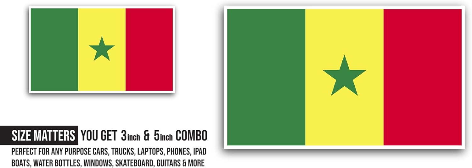 2 (Pieces) 3" and 5" Senegal Flag Sticker, Waterproof Vinyl Decals for Many Purpose Like Cars, Trucks, Laptops, Phones, Windows and More