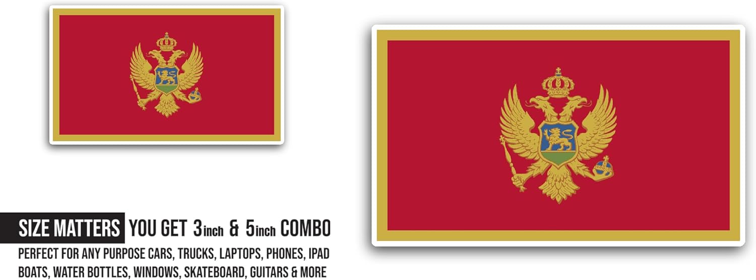 2 (Pieces) 3" and 5" Montenegro Flag Sticker, Waterproof Vinyl Decals for Many Purpose Like Cars, Trucks, Laptops, Phones, Windows and More