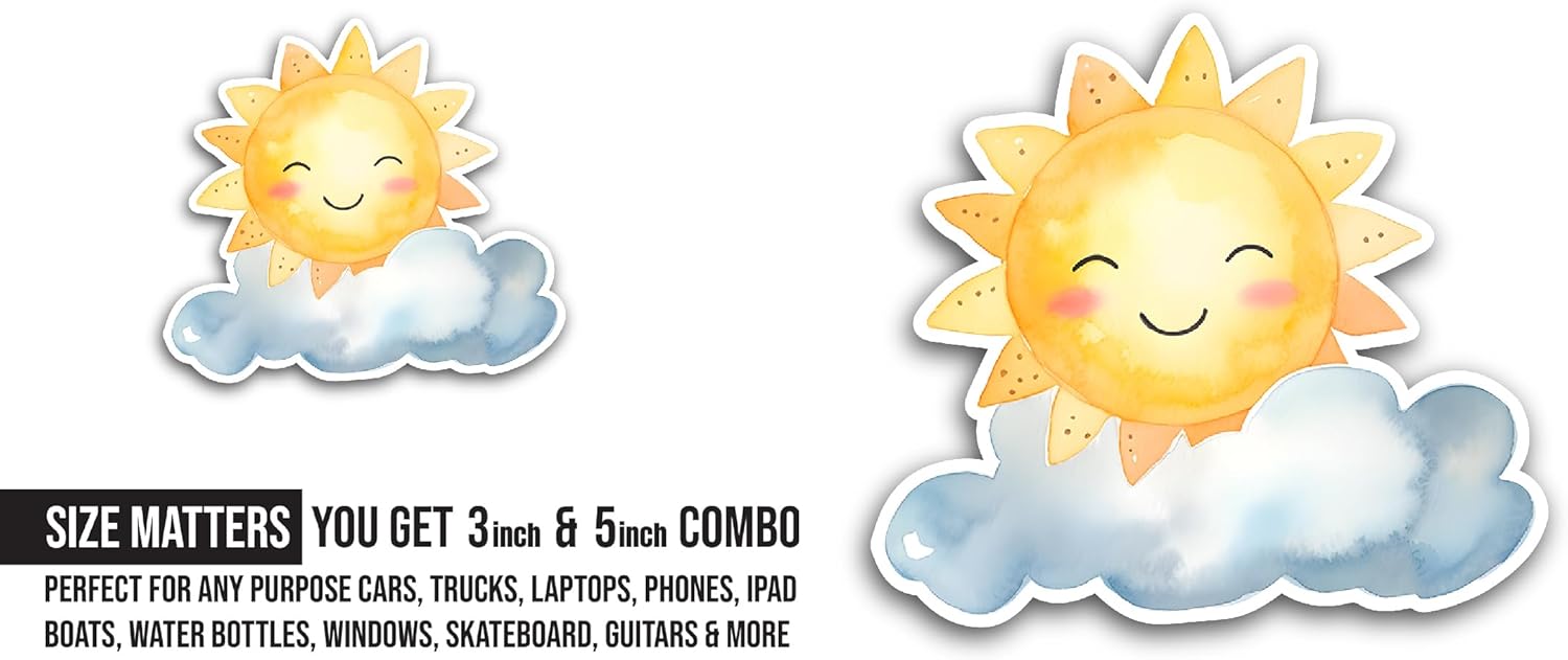 2 (Pieces) 3" and 5" Happy Sun with Cloud Sticker, Waterproof Vinyl Decals for Many Purpose Like Cars, Trucks, Laptops, Phones, Windows and More