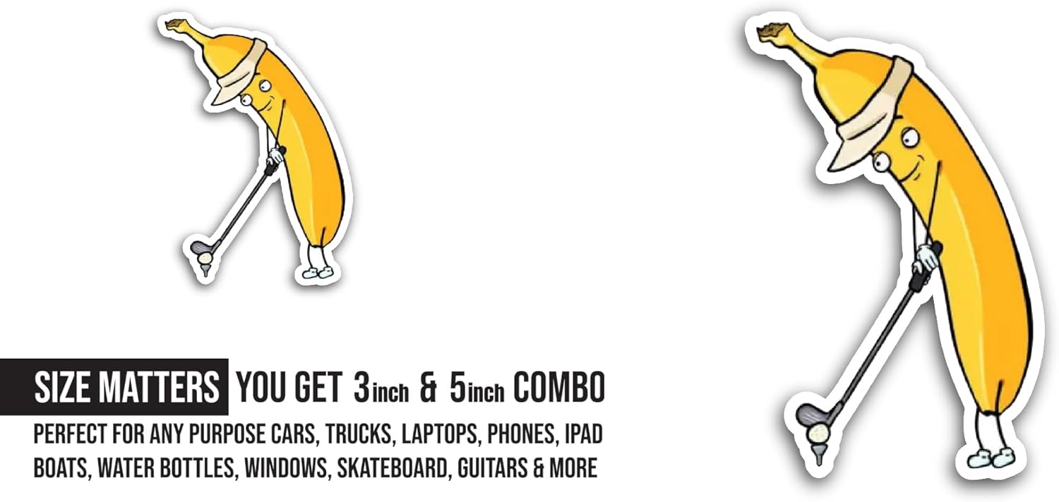 2 (Pieces) 3" and 5" Banana Playing Golf Sticker, Waterproof Vinyl Decals for Many Purpose Like Cars, Trucks, Laptops, Phones, Windows and More