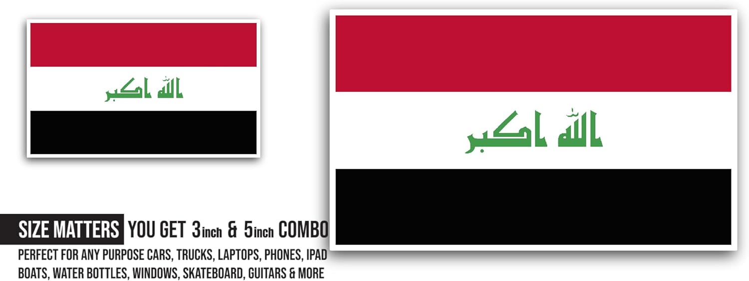 2 (Pieces) 3" and 5" Iraq Flag Sticker, Waterproof Vinyl Decals for Many Purpose Like Cars, Trucks, Laptops, Phones, Windows and More