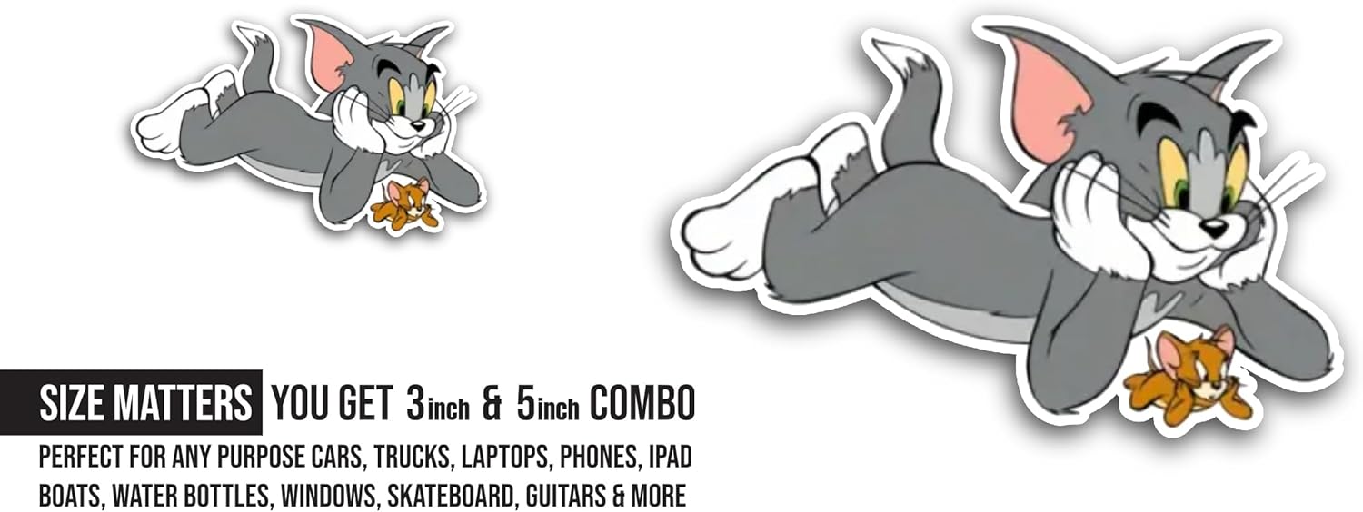 2 (Pieces) 3" and 5" Cat with Mouse Sticker, Waterproof Vinyl Decals for Many Purpose Like Cars, Trucks, Laptops, Phones, Windows and More