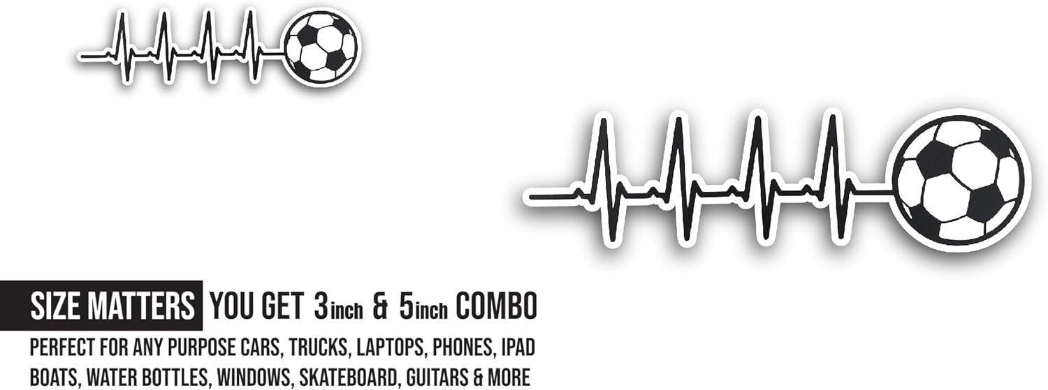 2 (Pieces) 3" and 5" Soccer Ball Heart Beat Sticker, Waterproof Vinyl Decals for Many Purpose Like Cars, Trucks, Laptops, Phones, Windows and More