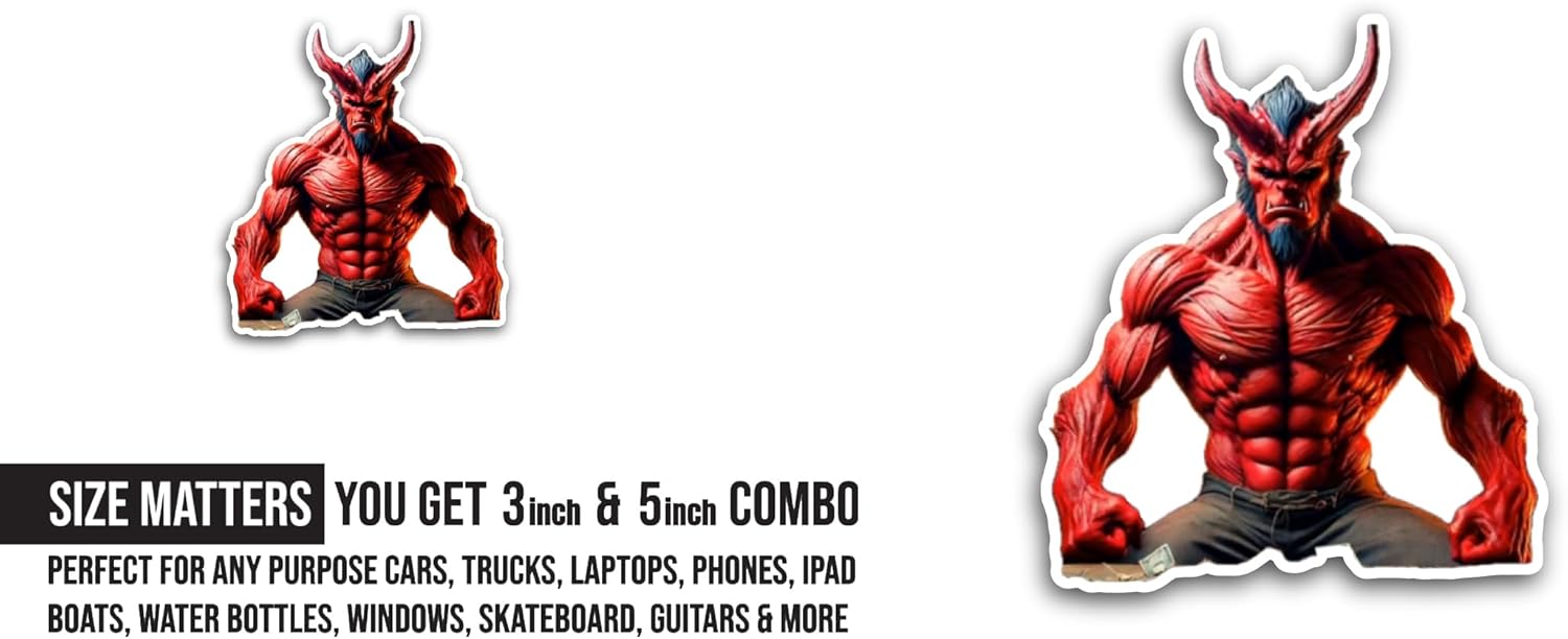 2 (Pieces) 3" and 5" Red Angry Devil Sticker, Waterproof Vinyl Decals for Many Purpose Like Cars, Trucks, Laptops, Phones, Windows and More