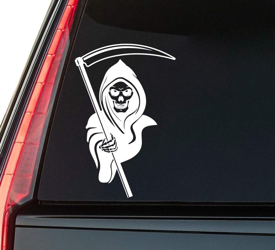 Grim Reaper Window Vinyl Decal Sticker 6" (White), Waterproof Vinyl Decals for Many Purpose Like Cars, Trucks, Laptops, Phones, Windows and More