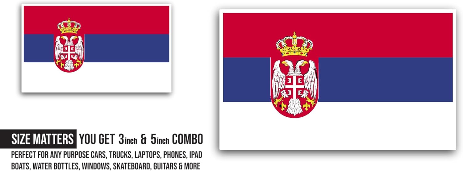 2 (Pieces) 3" and 5" Serbia Flag Sticker, Waterproof Vinyl Decals for Many Purpose Like Cars, Trucks, Laptops, Phones, Windows and More