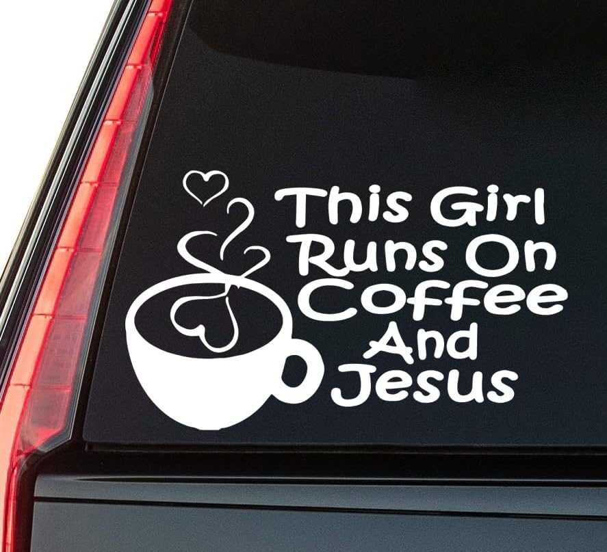 This Girl Runs On Coffee Window Vinyl Decal Sticker 6" (White), Waterproof Vinyl Decals for Many Purpose Like Cars, Trucks, Laptops, Phones, Windows and More