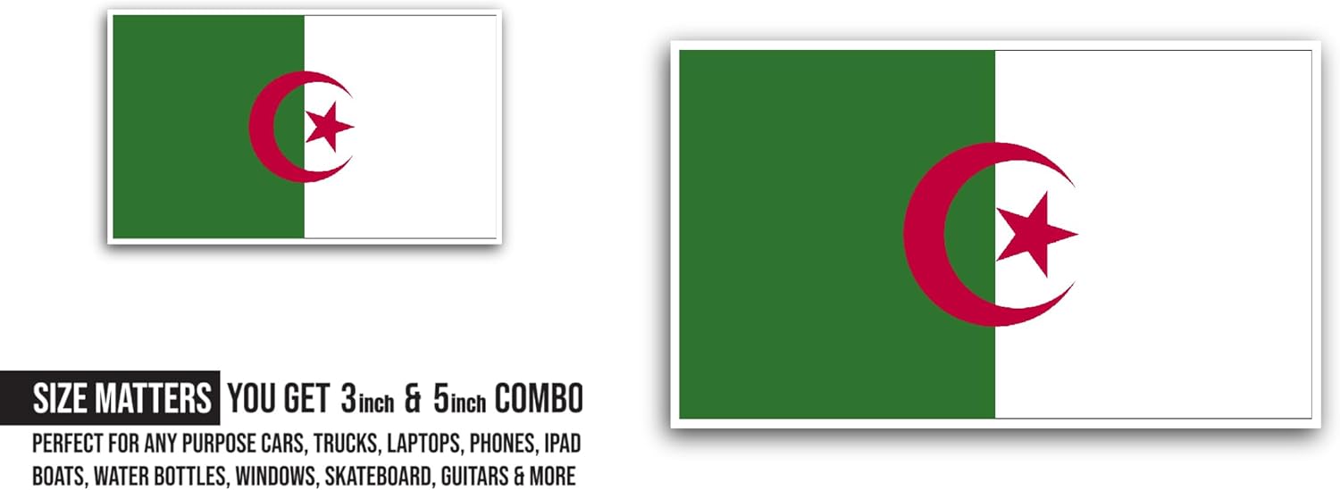 2 (Pieces) 3" and 5" Algeria Flag Sticker, Waterproof Vinyl Decals for Many Purpose Like Cars, Trucks, Laptops, Phones, Windows and More