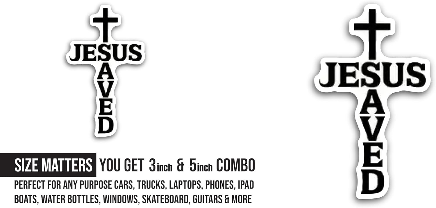 2 (Pieces) 3" and 5" Jesus Saved Sticker, Waterproof Vinyl Decals for Many Purpose Like Cars, Trucks, Laptops, Phones, Windows and More