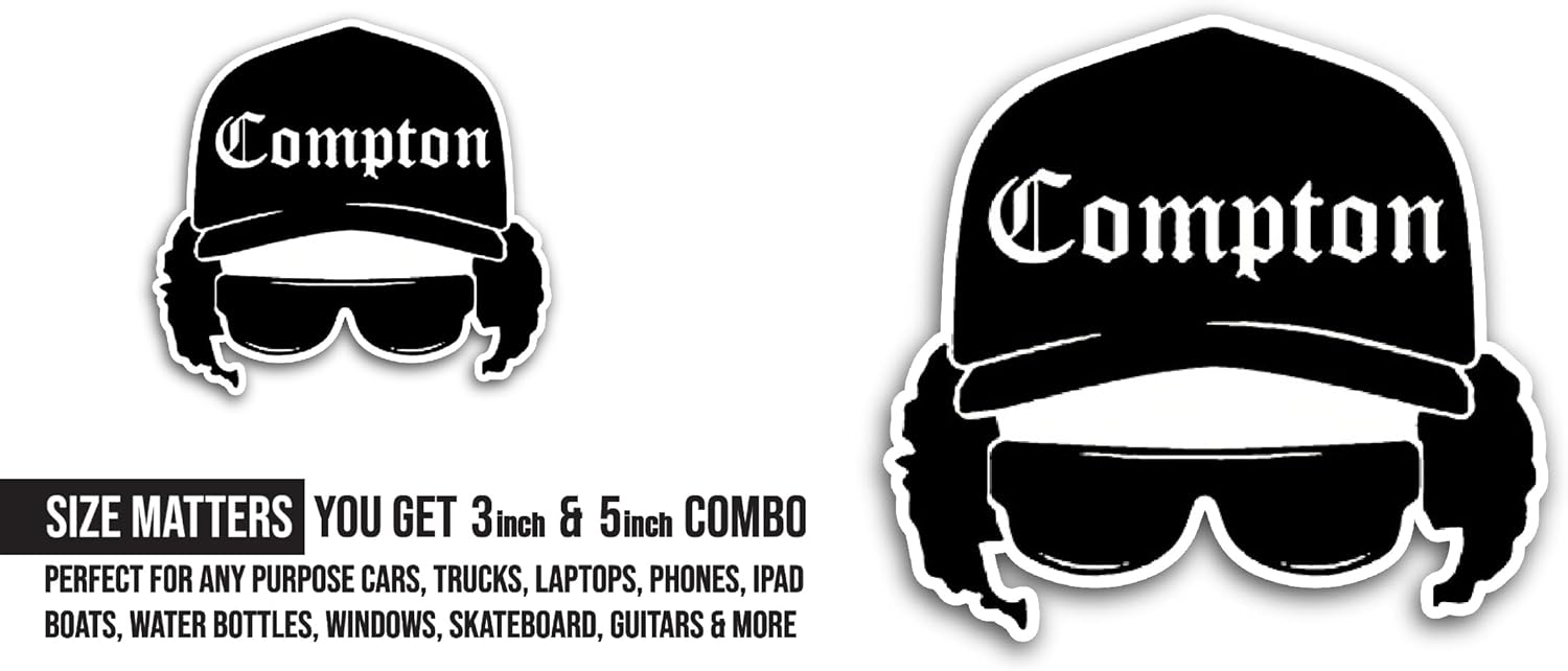 2 (Pieces) 3" and 5" Compton Sticker, Waterproof Vinyl Decals for Many Purpose Like Cars, Trucks, Laptops, Phones, Windows and More