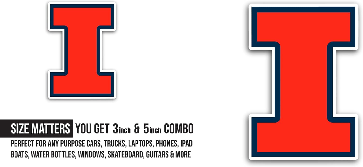 2 (Pieces) 3" and 5" Ill1nois Fighting Illin1 Logo Sticker, Waterproof Vinyl Decals for Many Purpose Like Cars, Trucks, Laptops, Phones, Windows and More