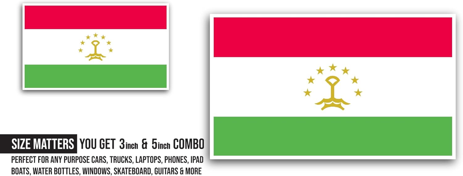 2 (Pieces) 3" and 5" Tajikistan Flag Sticker, Waterproof Vinyl Decals for Many Purpose Like Cars, Trucks, Laptops, Phones, Windows and More