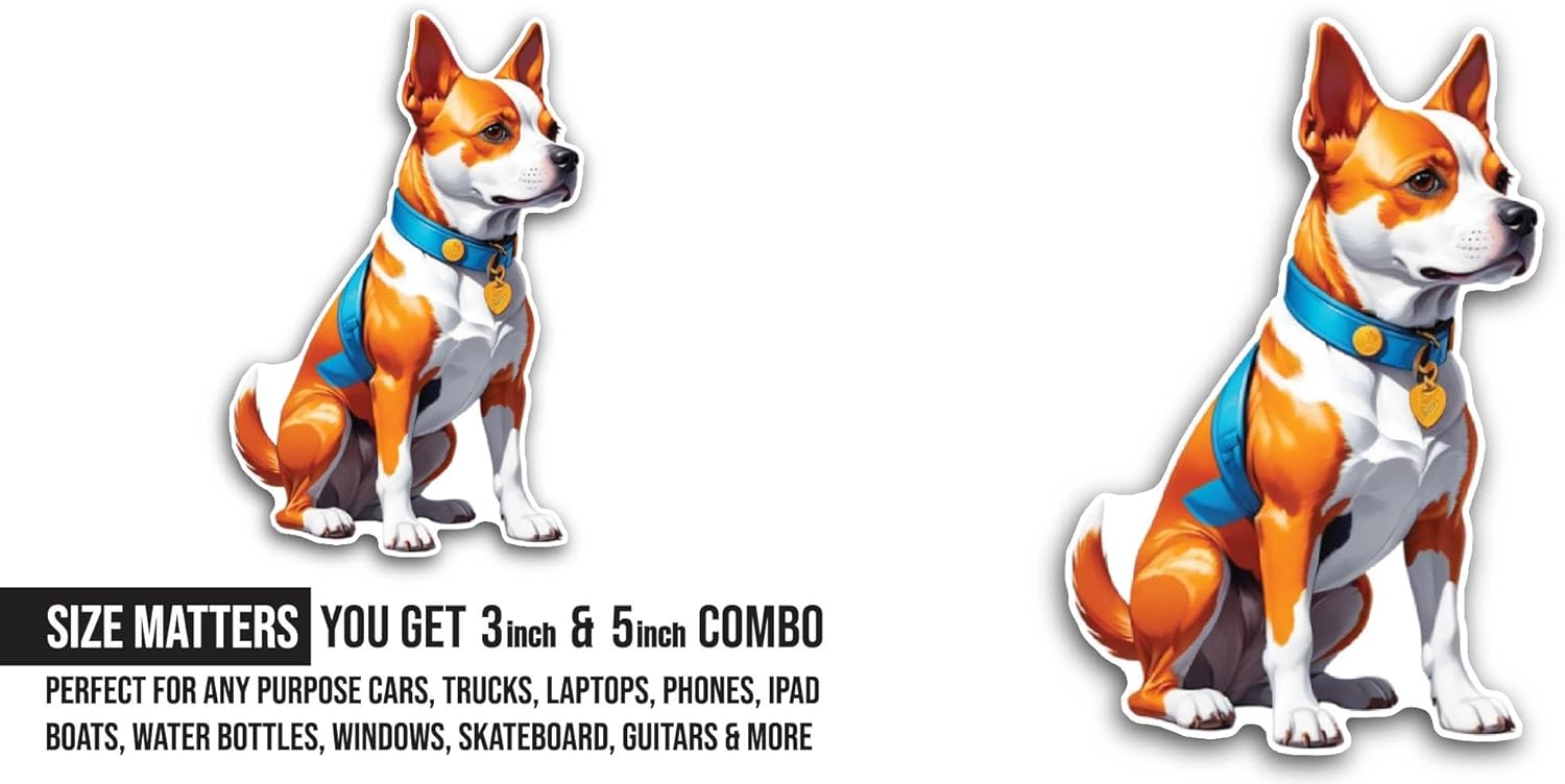 2 (Pieces) 3" and 5" Cartoon Dog with Belt Sticker, Waterproof Vinyl Decals for Many Purpose Like Cars, Trucks, Laptops, Phones, Windows and More