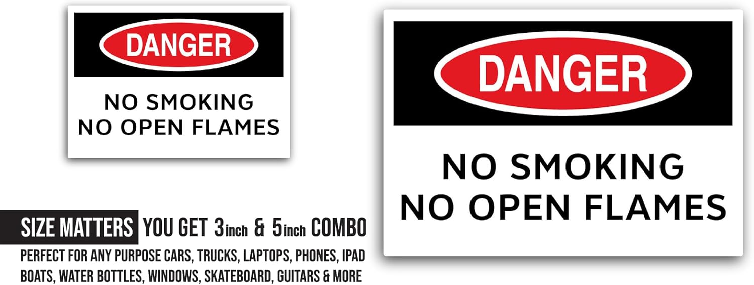 2 (Pieces) 3" and 5" Danger No Smoking No Open Flames Sticker, Waterproof Vinyl Decals for Many Purpose Like Cars, Trucks, Laptops, Phones, Windows and More