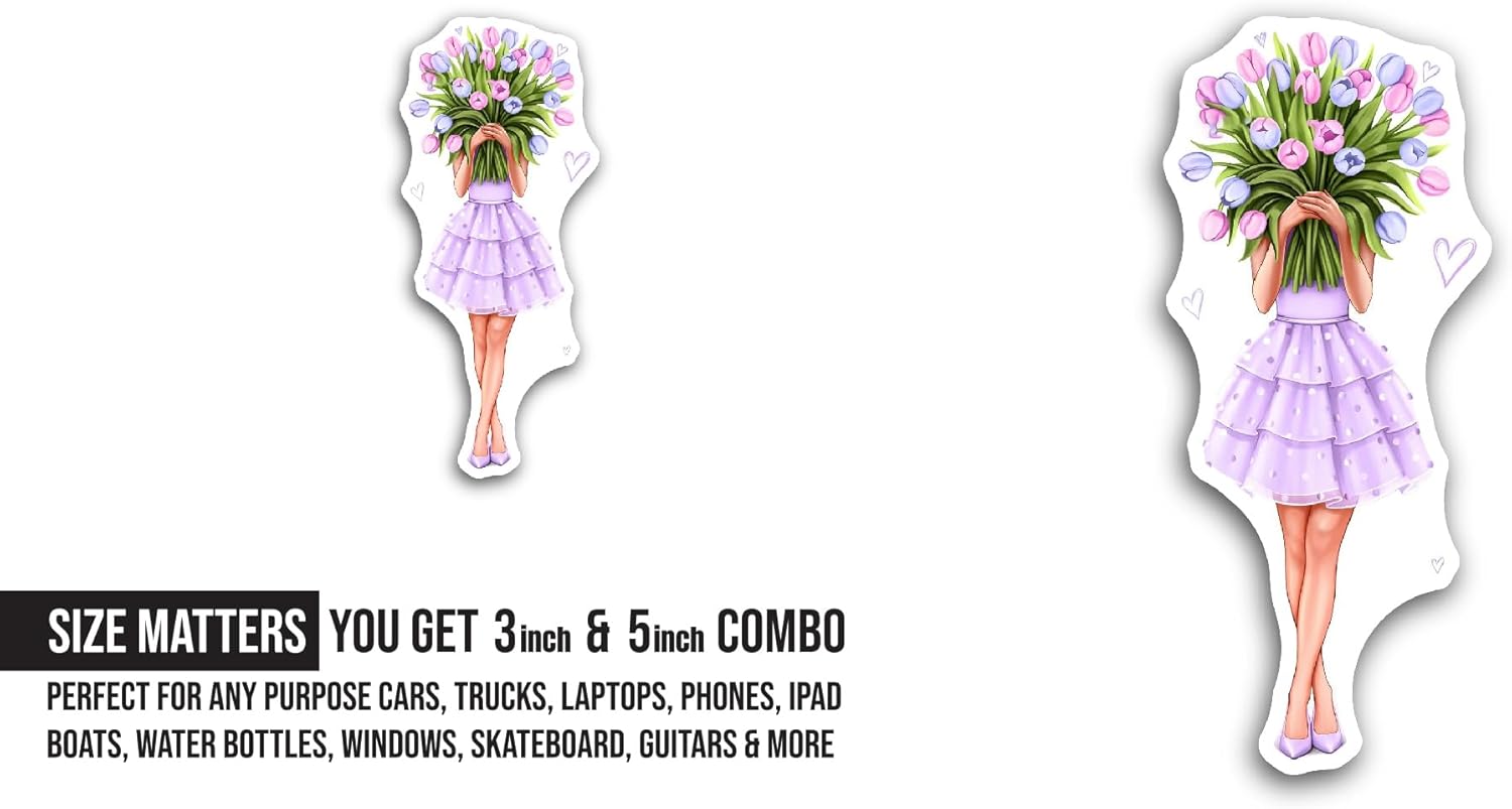 2 (Pieces) 3" and 5" Girl with Flower Bouquet Sticker, Waterproof Vinyl Decals for Many Purpose Like Cars, Trucks, Laptops, Phones, Windows and More